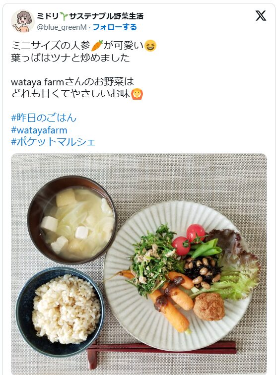 実際のツイートのスクリーンショット。「ミニサイズの人参が可愛い。葉っぱはツナと炒めました。wataya farmさんのお野菜は、どれも甘くてやさしいお味。」という文章と野菜セットの画像。